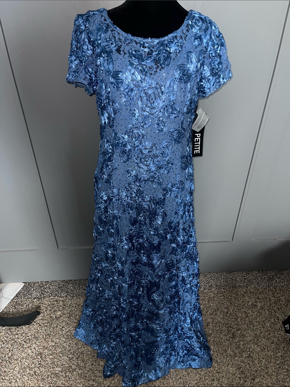 Alex Evenings Blue Sequin Floral Evening Gown
